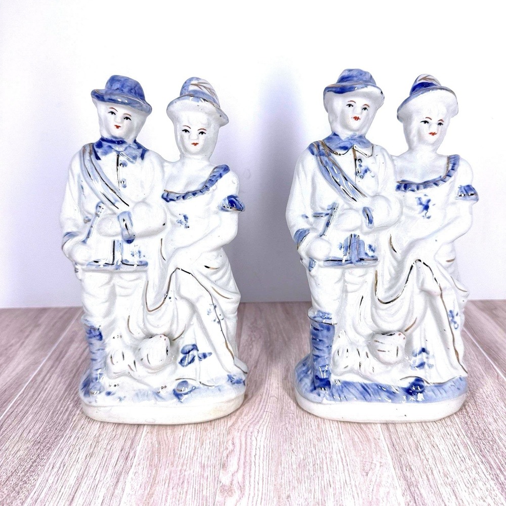 Vintage Blue White Porcelain Victorian Couple Figurine‎ Pair Hand Painted Decor